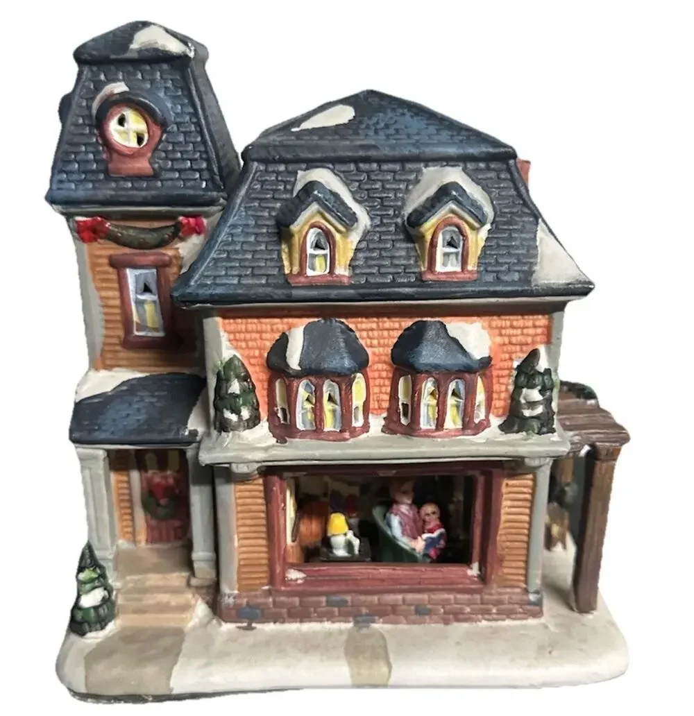 Illuminated Christmas Village Victorian House w/ Figures - Holiday Decor